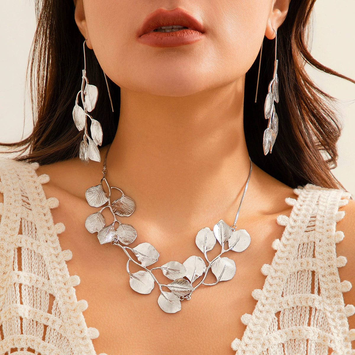 Miri Leaf Tassel Necklace - Set - Silver Tone [U51K9BHY]