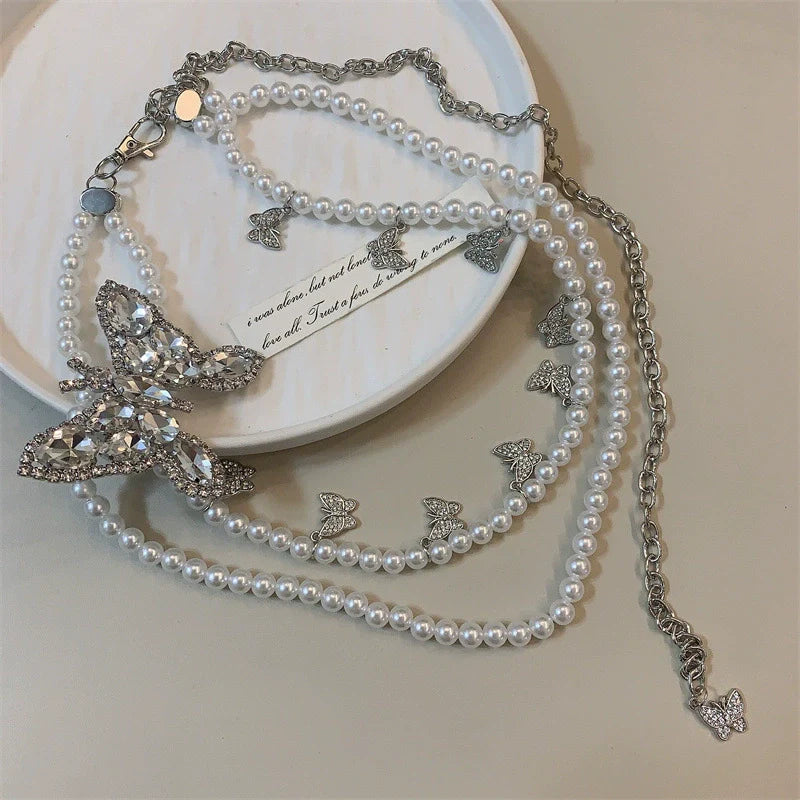 Itzia Pearl Butterfly Waist Chain - Rhinestone Large Butterfly Pearl Waist Chain