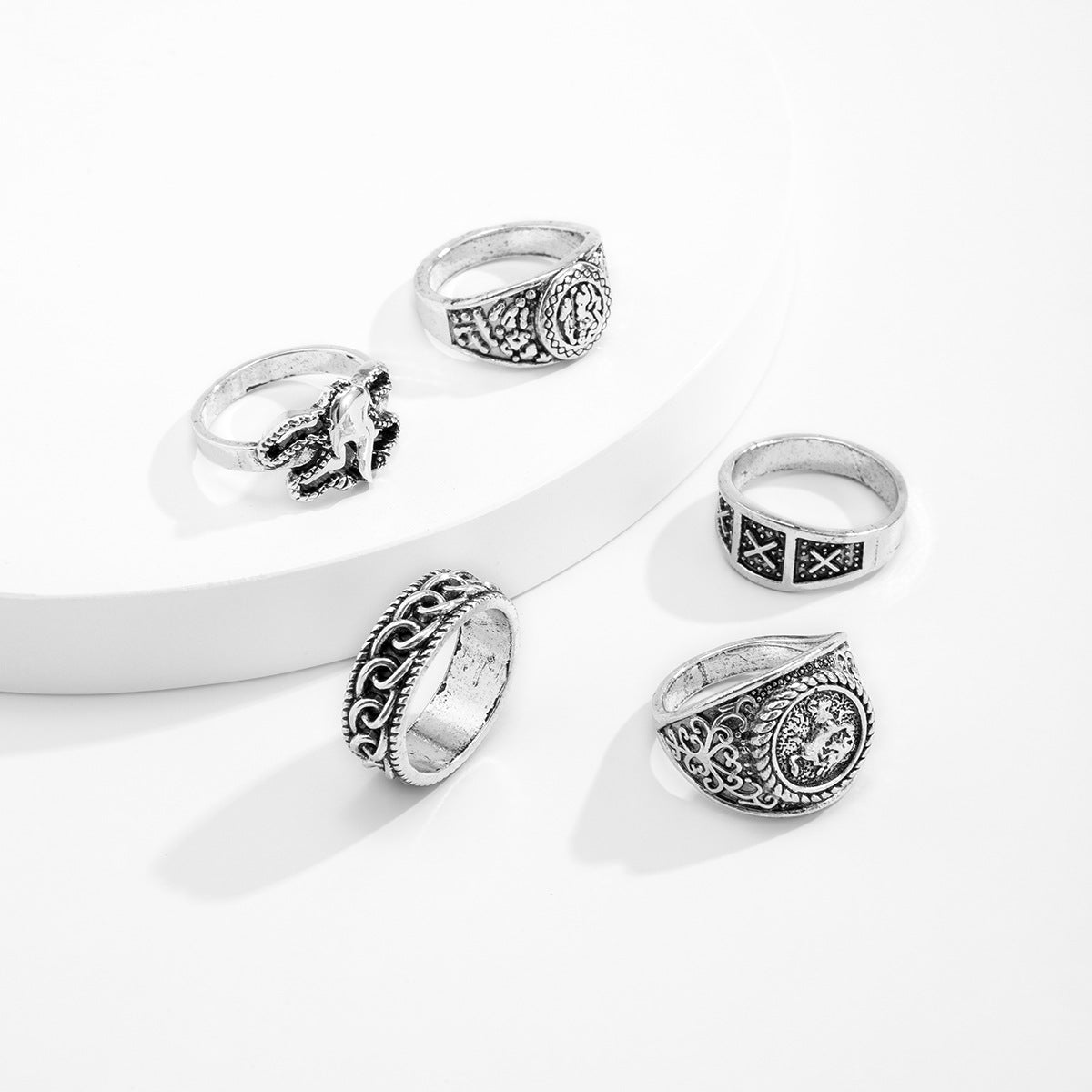 Jayna Totem Geometric Ring Set - Antique Silver [K1483E1S]