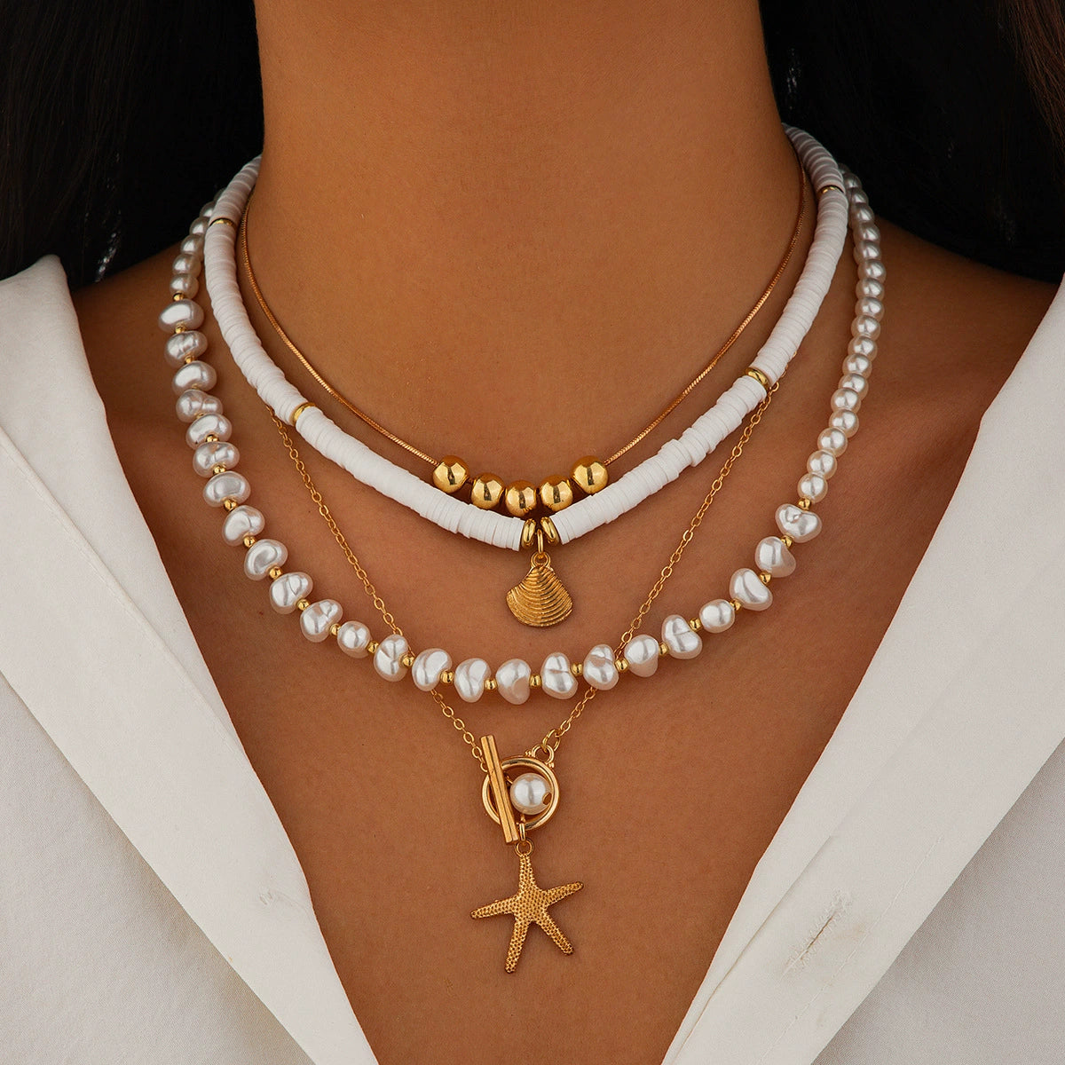 Hadley Layered Pearl Starfish Necklace - Gold 4-Piece Set 1 [234S04G2]