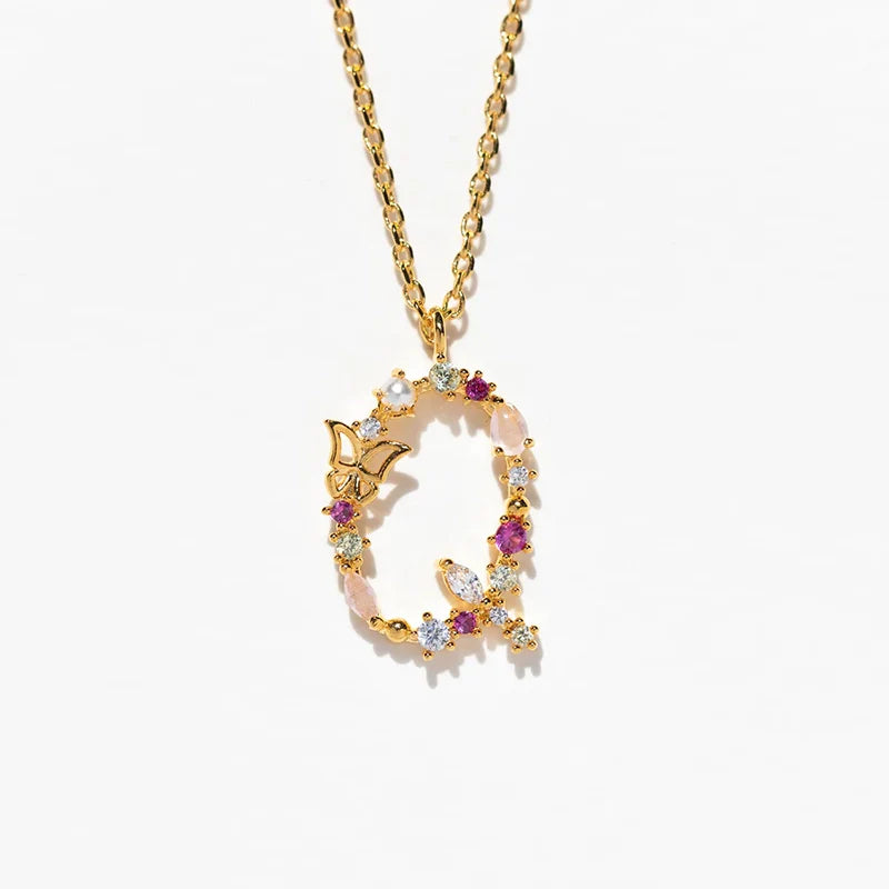 Joelle Golden Butterfly Initial Necklace - Q Initial
