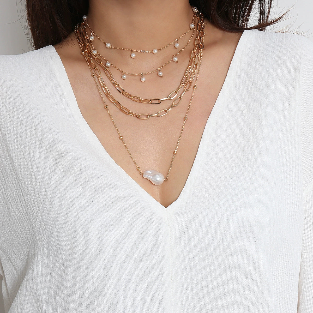 Charleston Layered Pearl Chain Necklace - Gold