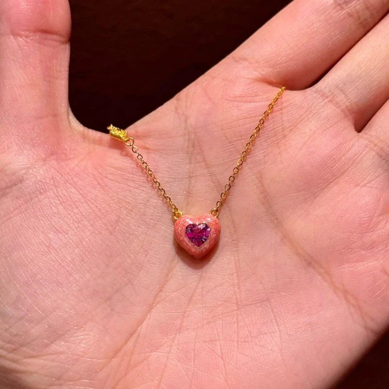 Aaliyah Pink Enamel Heart Necklace - Pink Enamel Heart Necklace