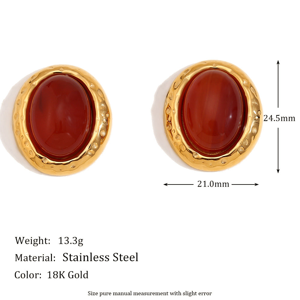 Miliani Irregular Geometric Earrings - Hammered Natural Stone Oval Stud Earrings - Gold - Red Agate [BKV55QNY]