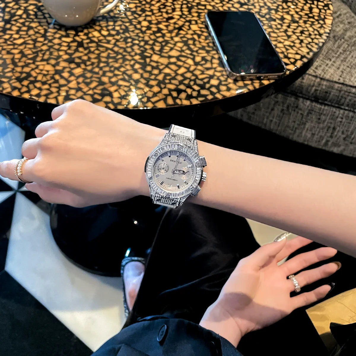 Aylee Elegant Leather Watch - Gray with Silver Case Full Diamond
