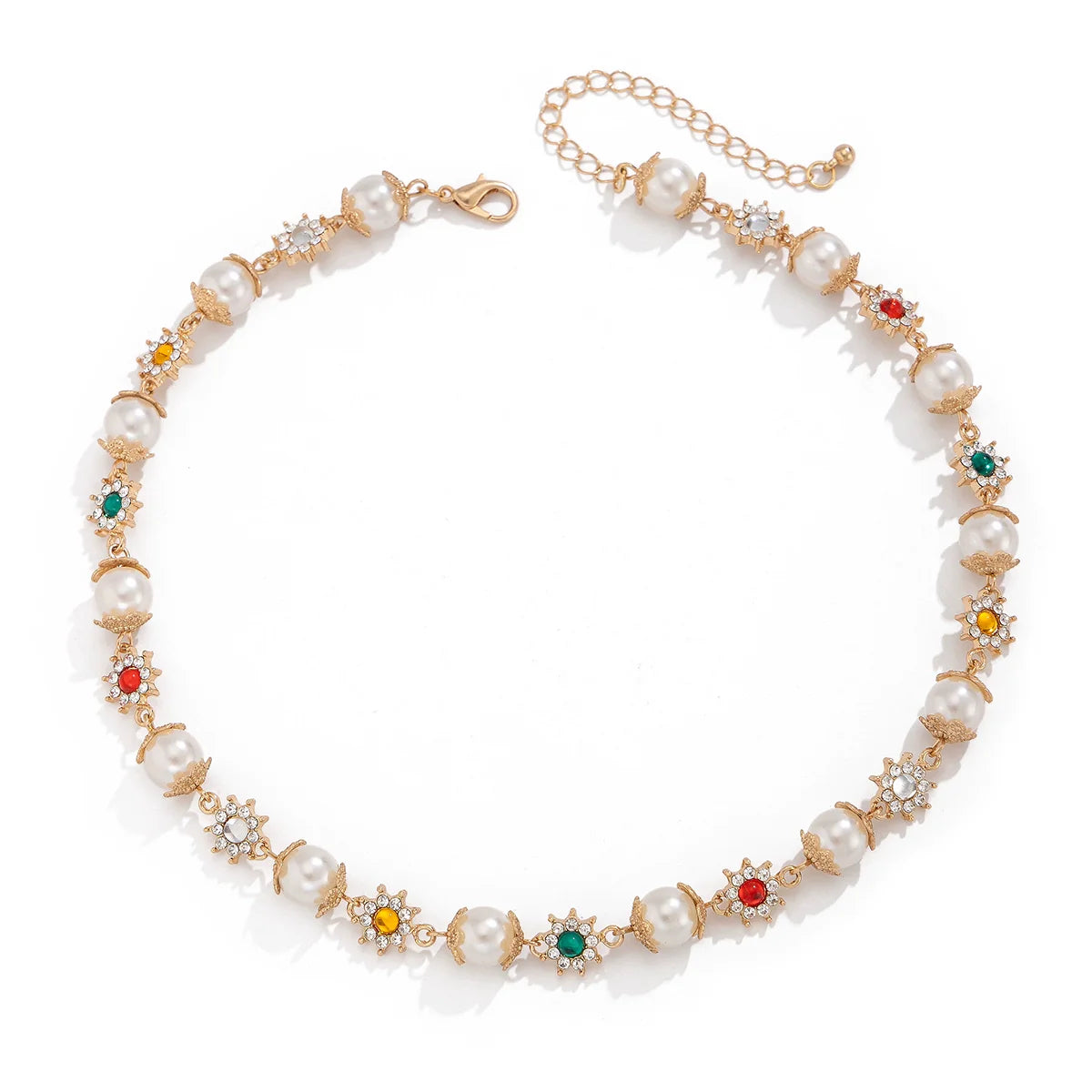 Charlie Rhinestone Flower Pearl Choker - Gold