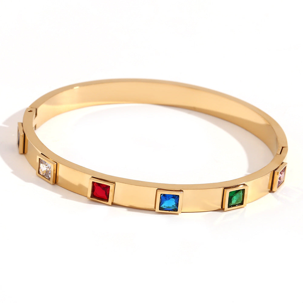 Zyrah Gold Zircon Cuff Bracelet - Square Multi-color Zircon Bangle [HZ2K3NX6]