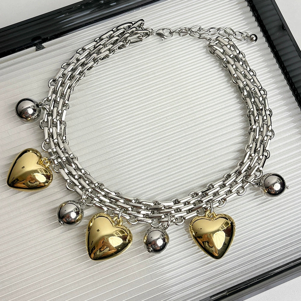 Kaylie Retro Heart Charm Necklace - Metal Heart Ball Necklace [K33IX3PQ]