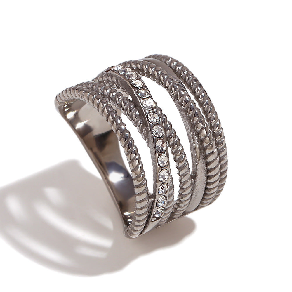 Avri Geometric Ring Collection - Multi-Layer Cross Rhinestone Twisted Hollow Ring - Silver - Size 6 [CNCBILAZ]