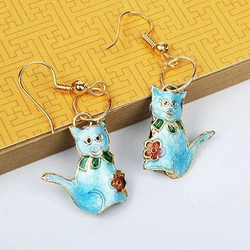 Adia Vintage Enamel Drop Earrings - Lake Blue Kitten