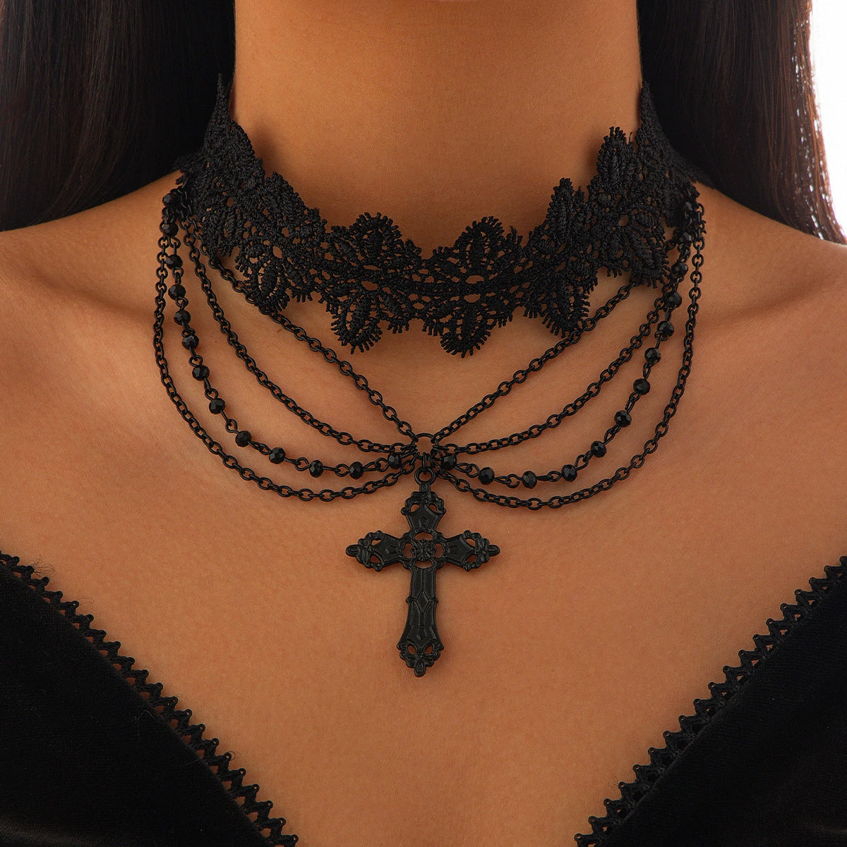 Miroslava Gothic Beaded Cross Necklace - Black (Variant C) [XOZPOAEF]