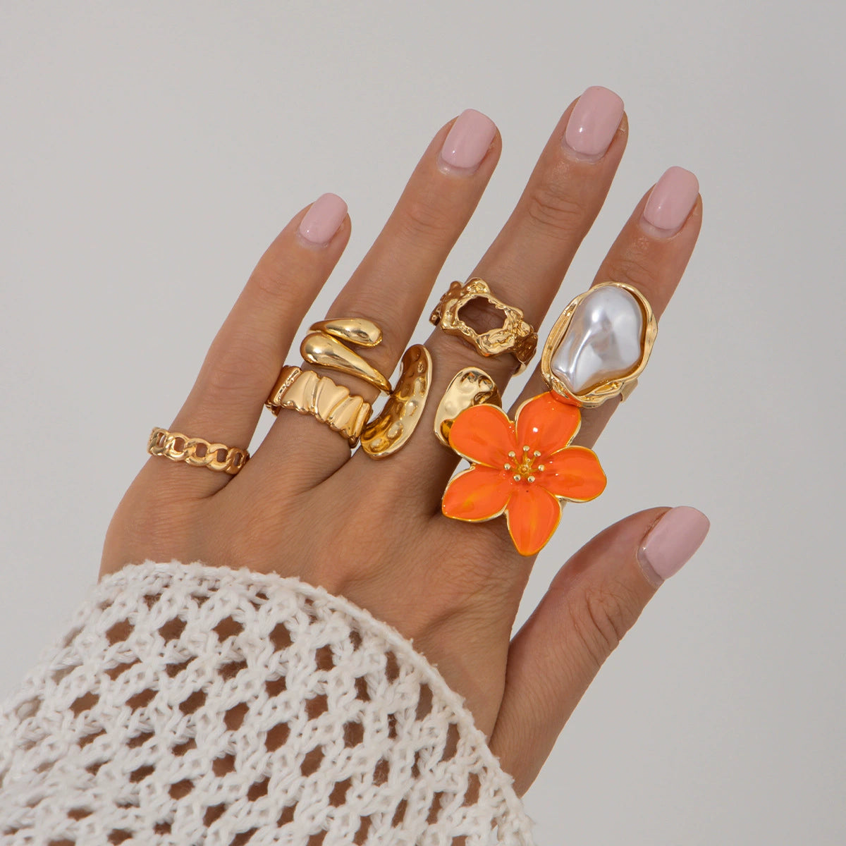 Yanely Baroque Pearl Ring Set - Light Gold + Orange 7-Piece Set [6PD92NW5]