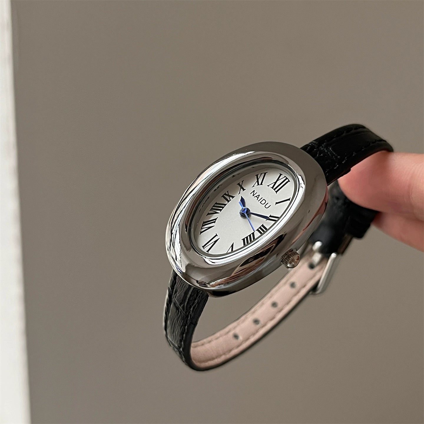 Zehra Elegant Bathtub Watch - Black Leather Band, Silver Case & White Dial (Full Roman) [WNN8W852]