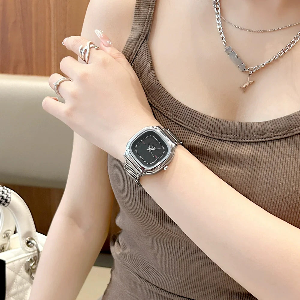 Joy Elegant Square Watch - Silver Strap Black