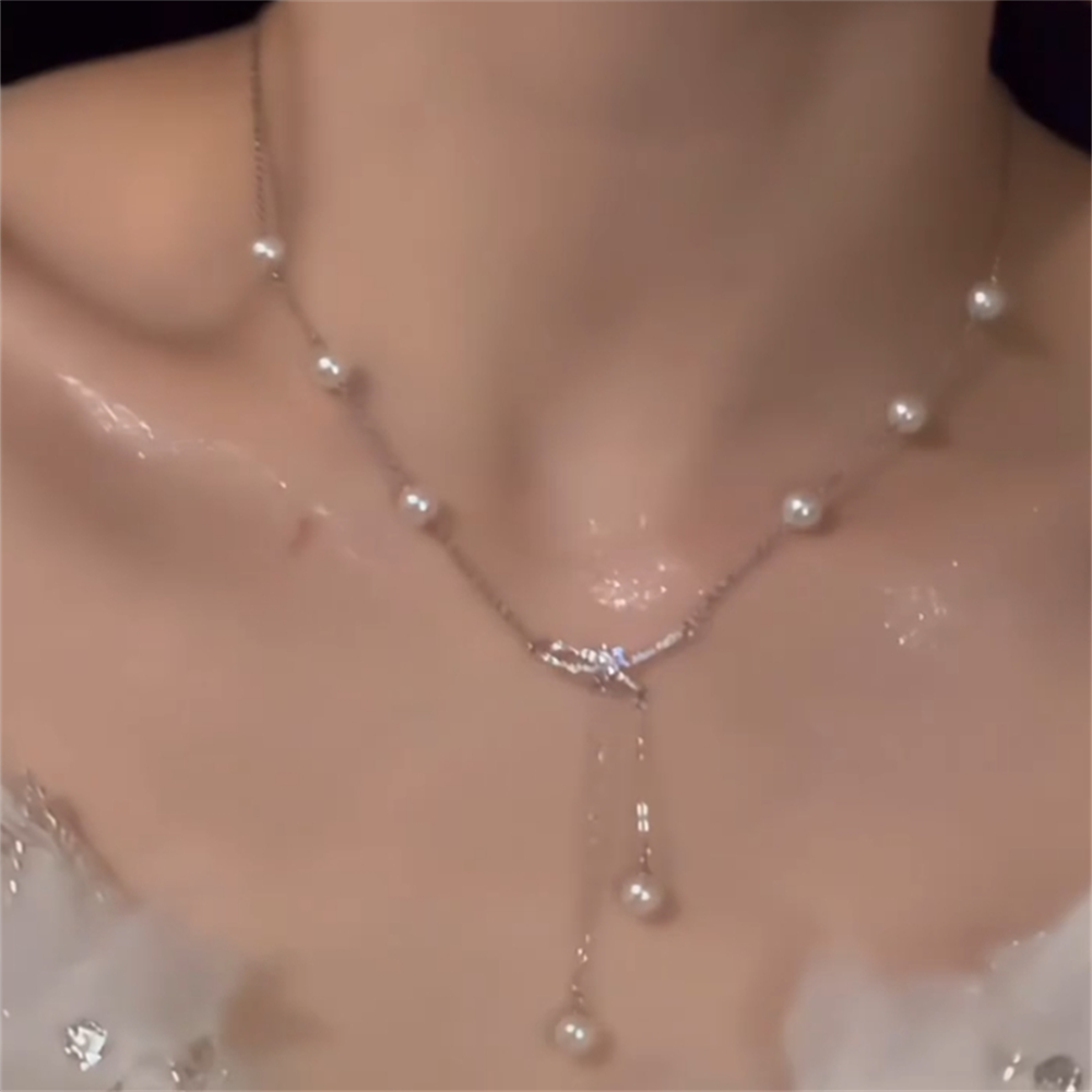 Sanya Bowknot Pearl Necklace - Silver Plated