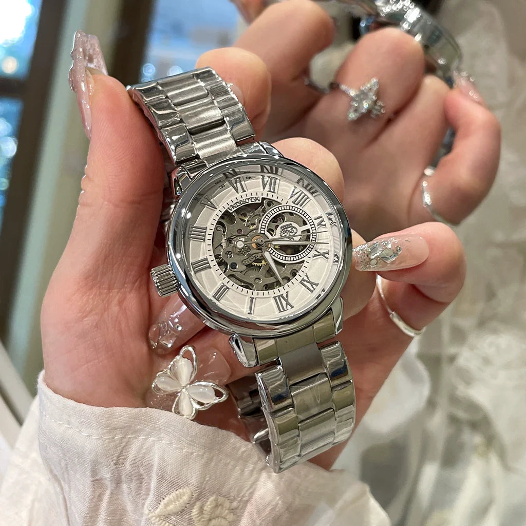 Reem Elegant Mechanical Watch - Silver with White Dial