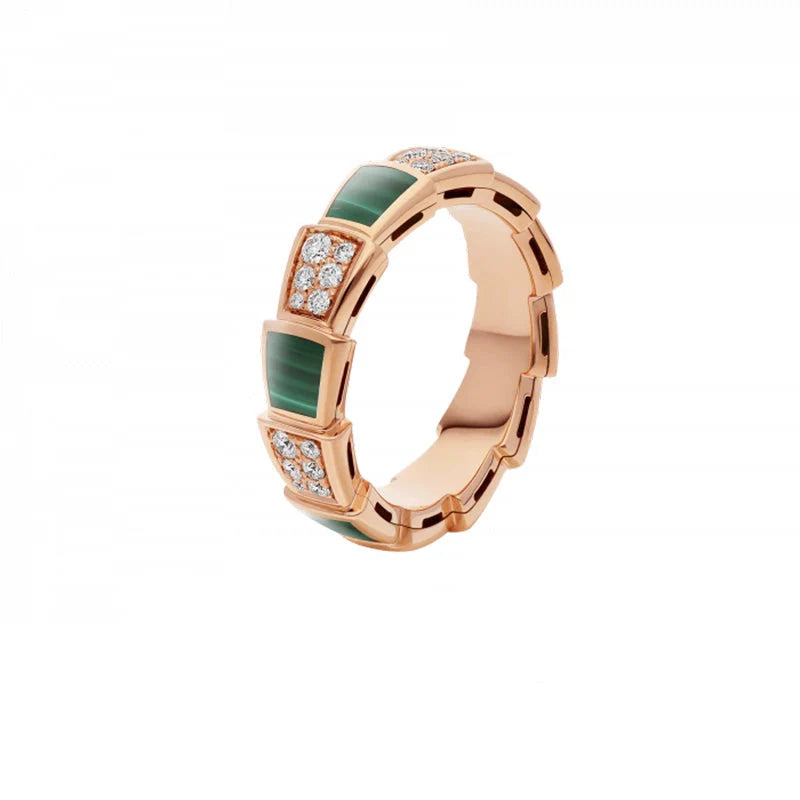 Maylie Serpent Coil Ring - Wide Rose Gold Malachite Diamond Serpent