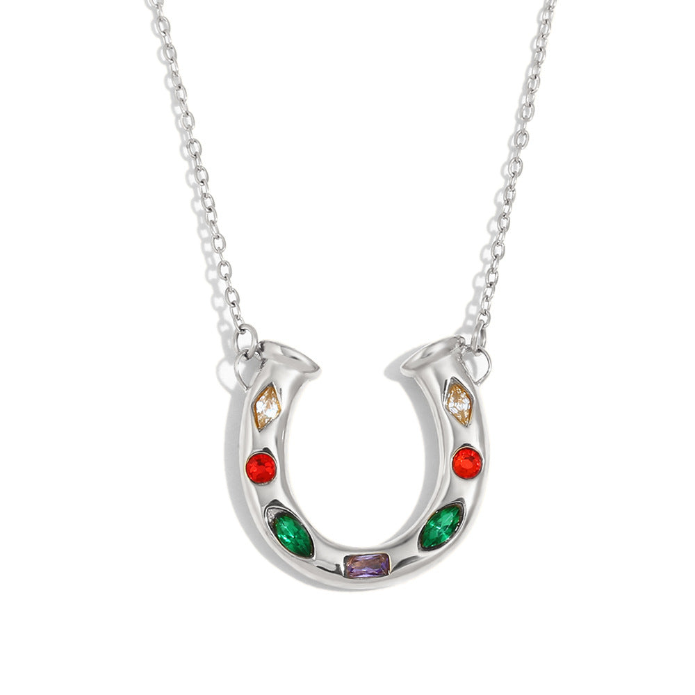 Whitlee Rhinestone U-Pendant Necklace - Colorful Rhinestone U-Pendant Necklace - Steel [LTT111QI]