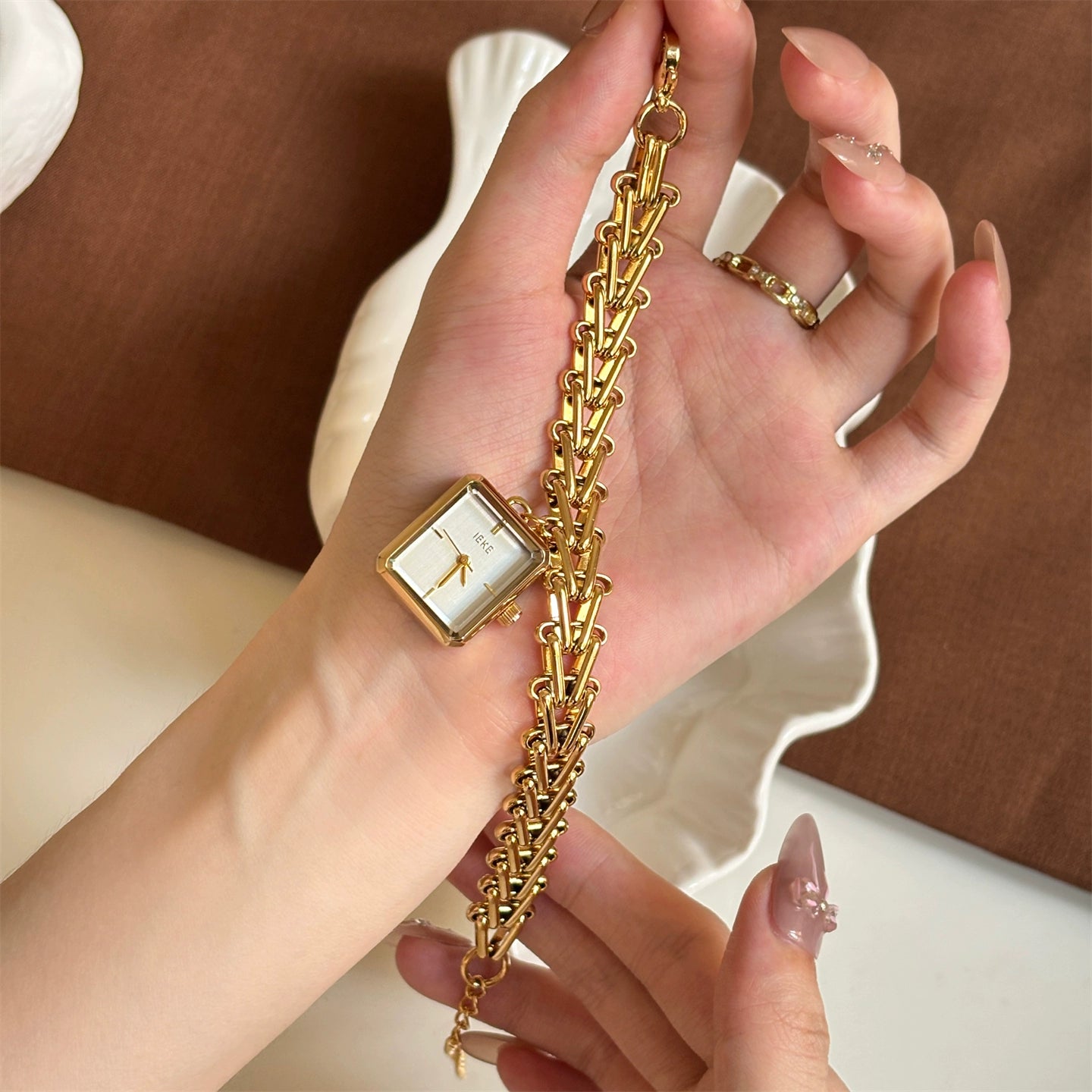 Viviana Square Bracelet Watch - Gold Band White Face [BZHX23ZT]