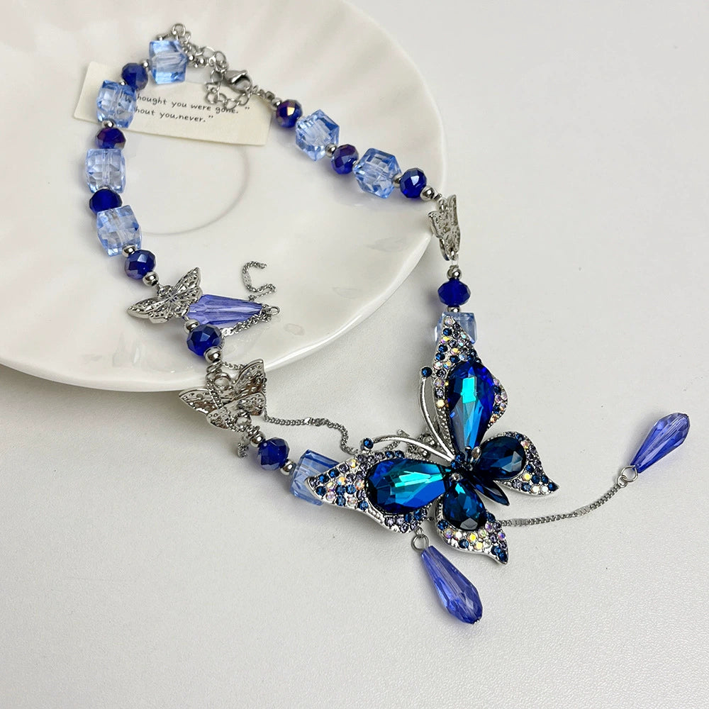 Valentine Crystal Butterfly Choker - Crystal Blue Butterfly Necklace