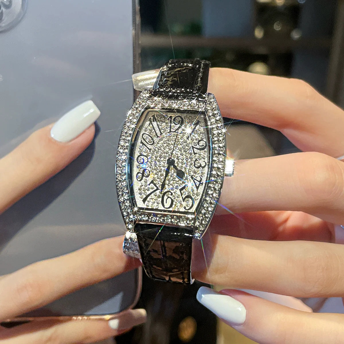 Emmylou Dazzling Leather Watch - Silver Dial Black Strap