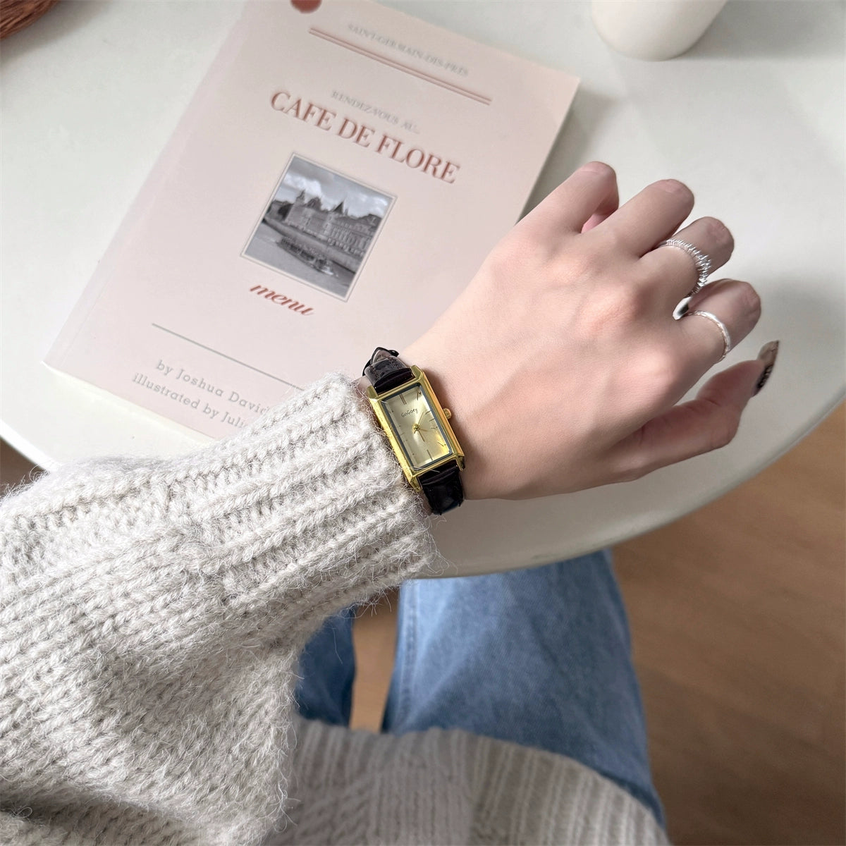 Embry Rectangular Wrist Watch - Black Strap, Gold Frame & Face [590UFLUW]