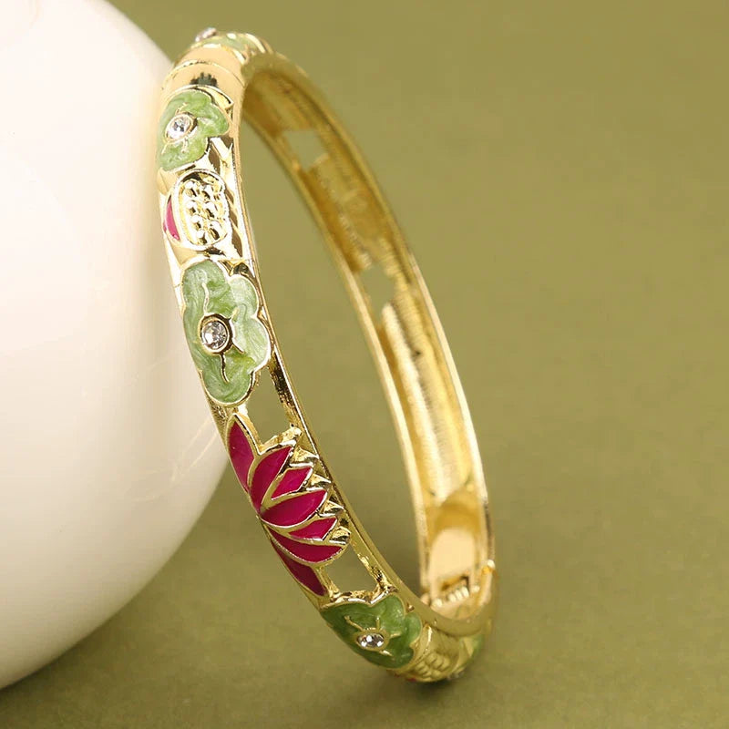 Sunshine Lotus Enamel Bracelet - Green Flower Rose Lotus