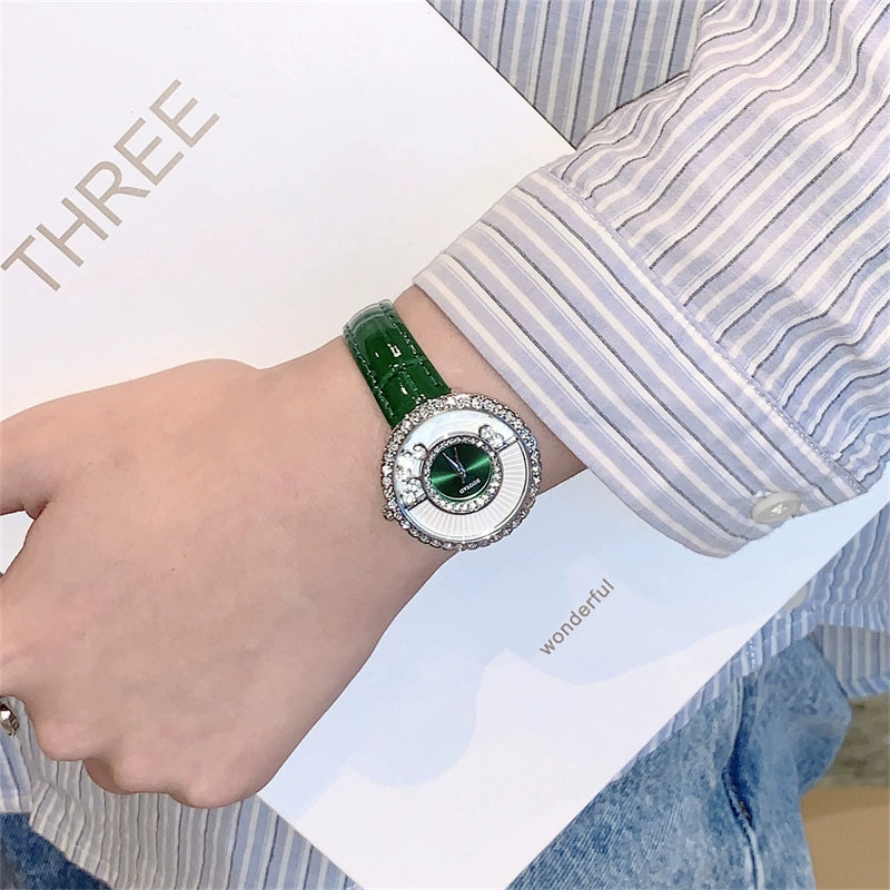 Damari Elegant Leather Watch - Green Strap [6F12LQRM]