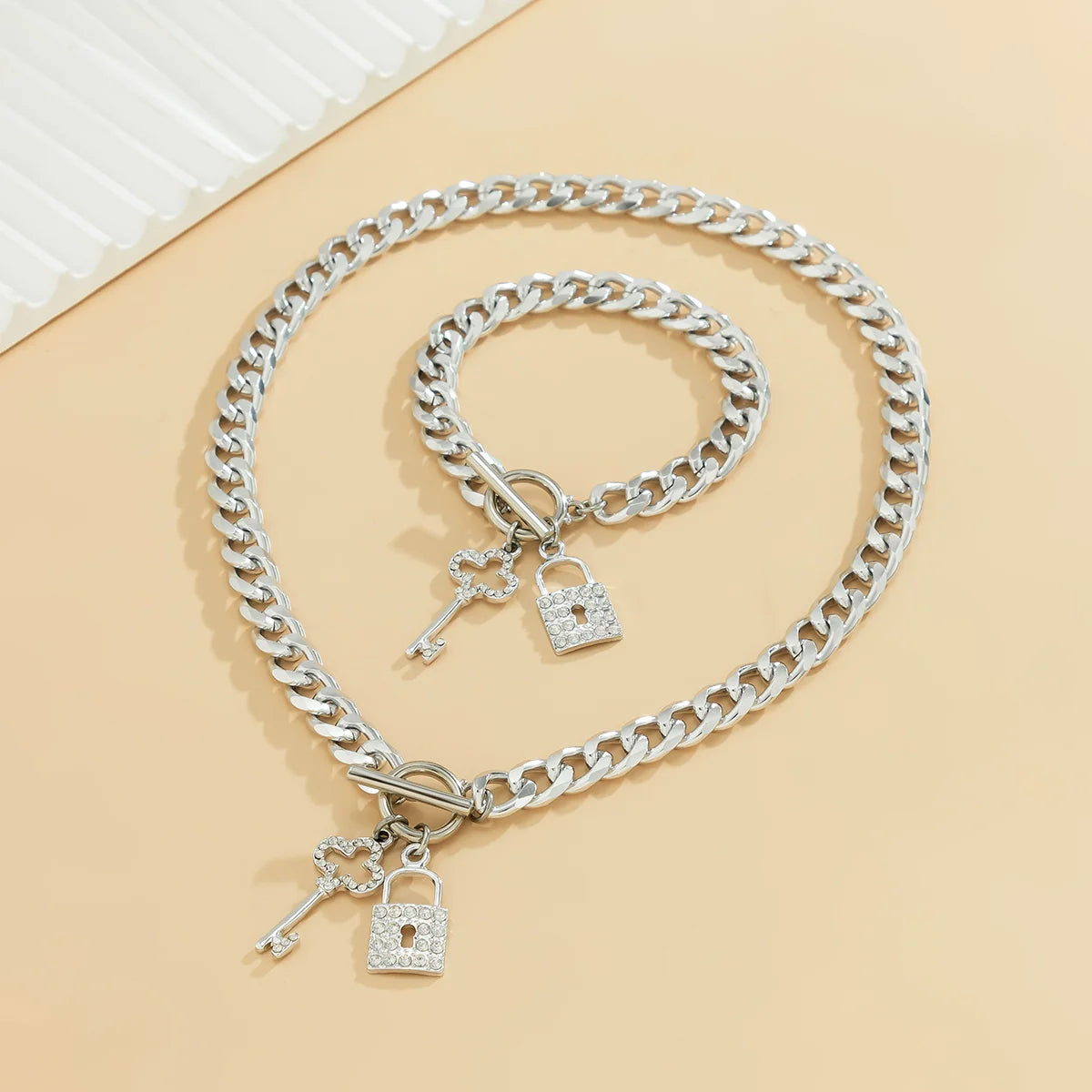 Taylee Rhinestone Lock Set - Necklace + Bracelet Set Silver