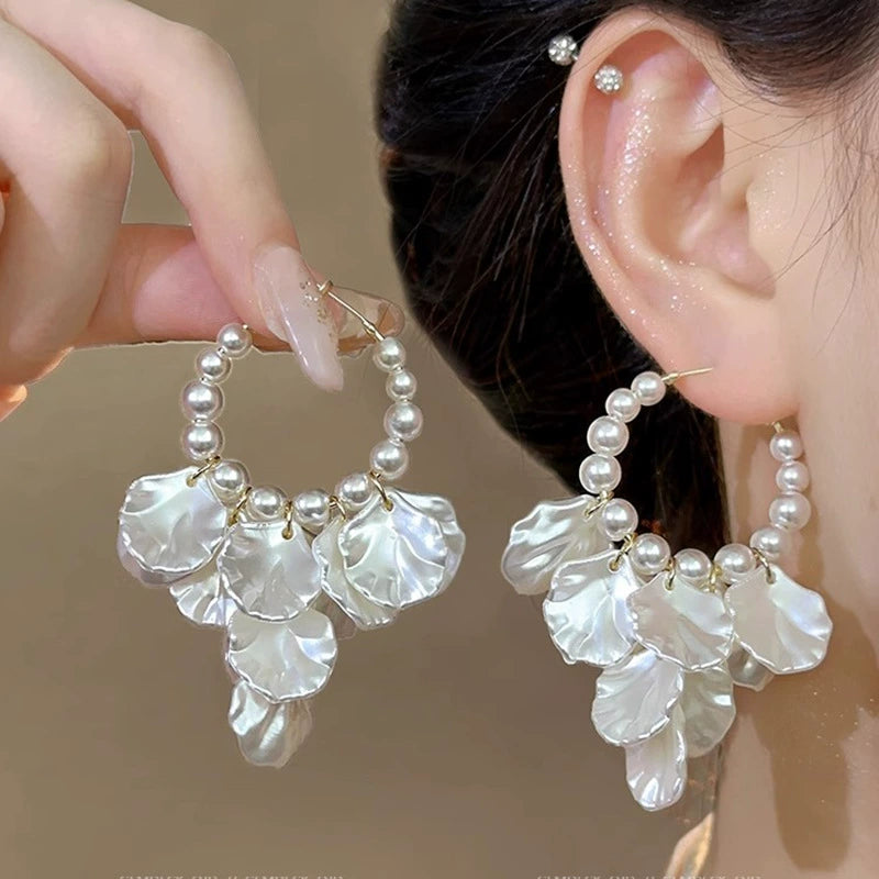 Janine Pearl Petal Drop Earrings - Pearl Flower Earring Pair [LMRN8HGA]
