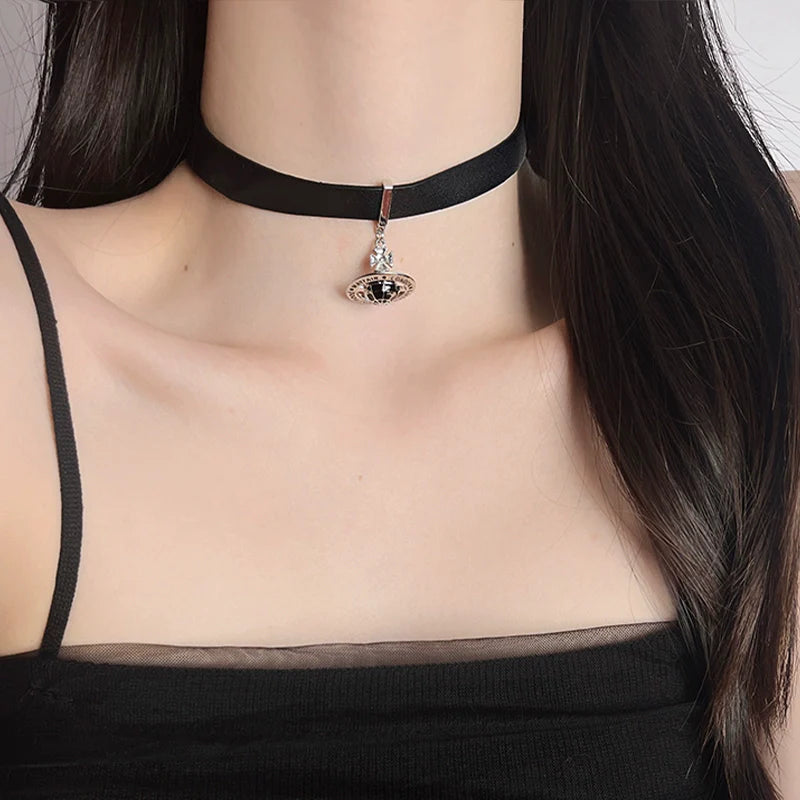 Jolene Gothic Leather Choker - 3D Saturn Pendant Leather Necklace