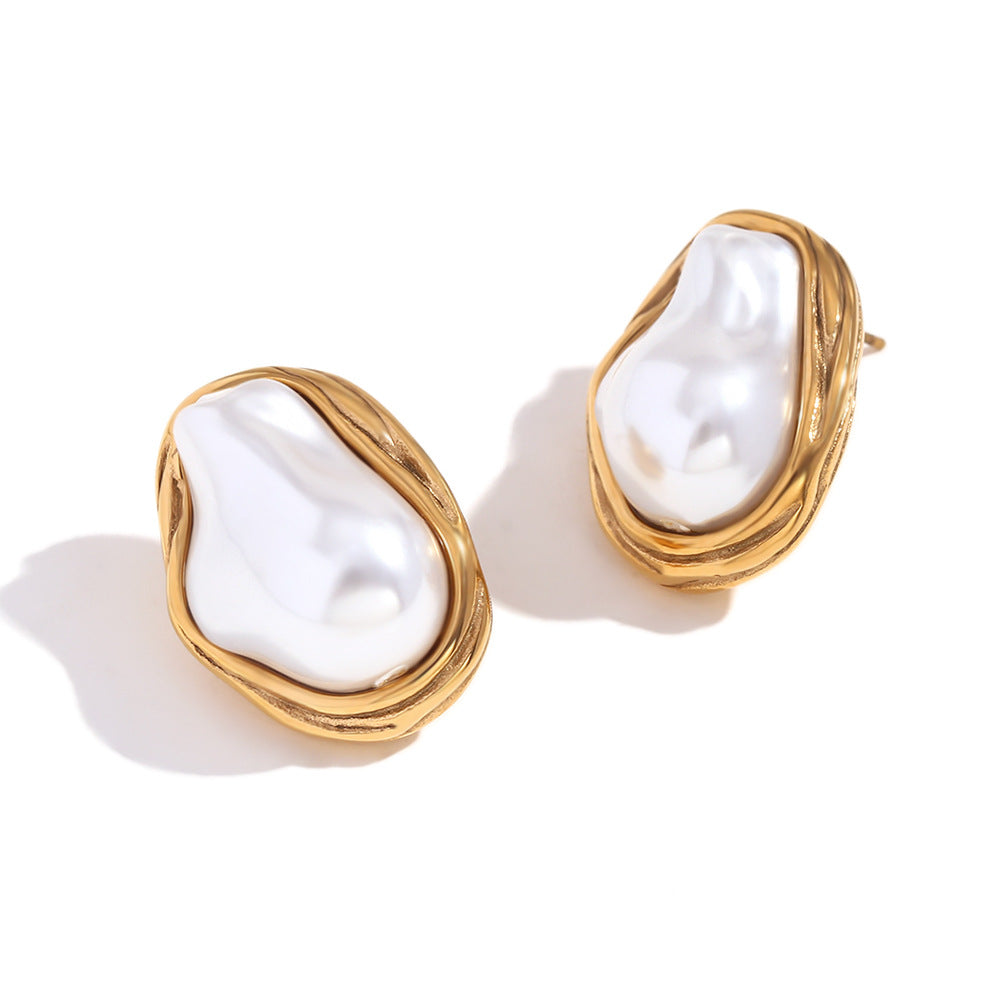 Hawa Baroque Pearl Necklace & Earrings - Irregular Baroque Pearl Stud Earrings - Gold [3A5MBHL7]