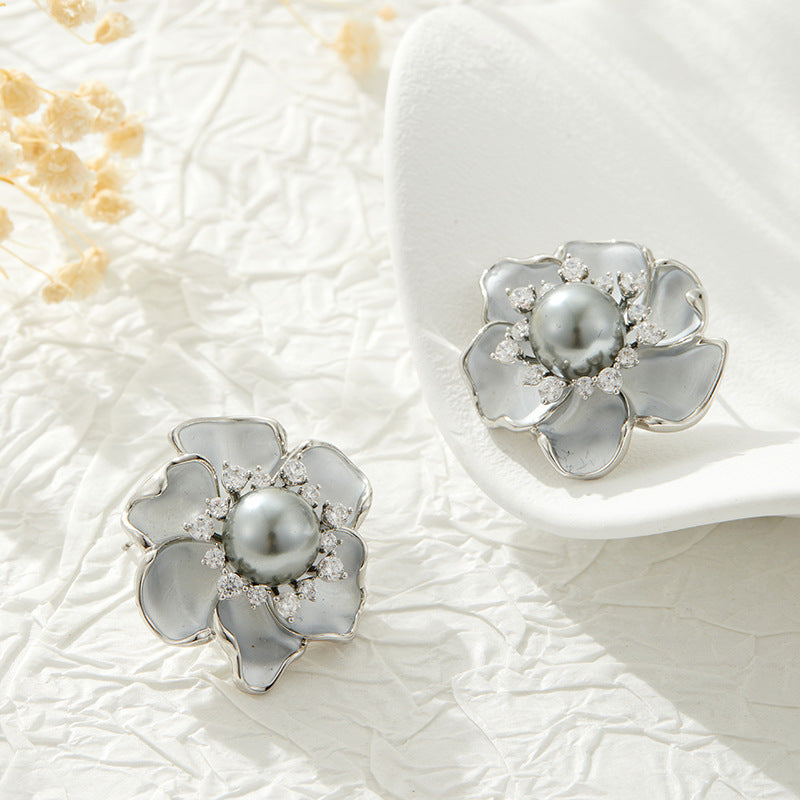 Siara Camellia Pearl Earrings - Silver Tone [B1PZPBAV]