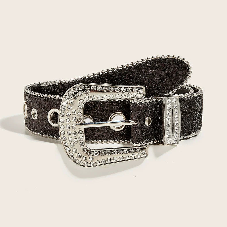 Silver Rhinestone Hip-Hop Belt - Black