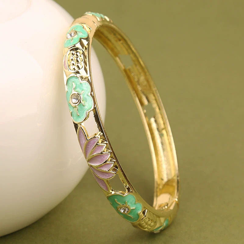 Sunshine Lotus Enamel Bracelet - Blue-Green Flower Light Purple Lotus