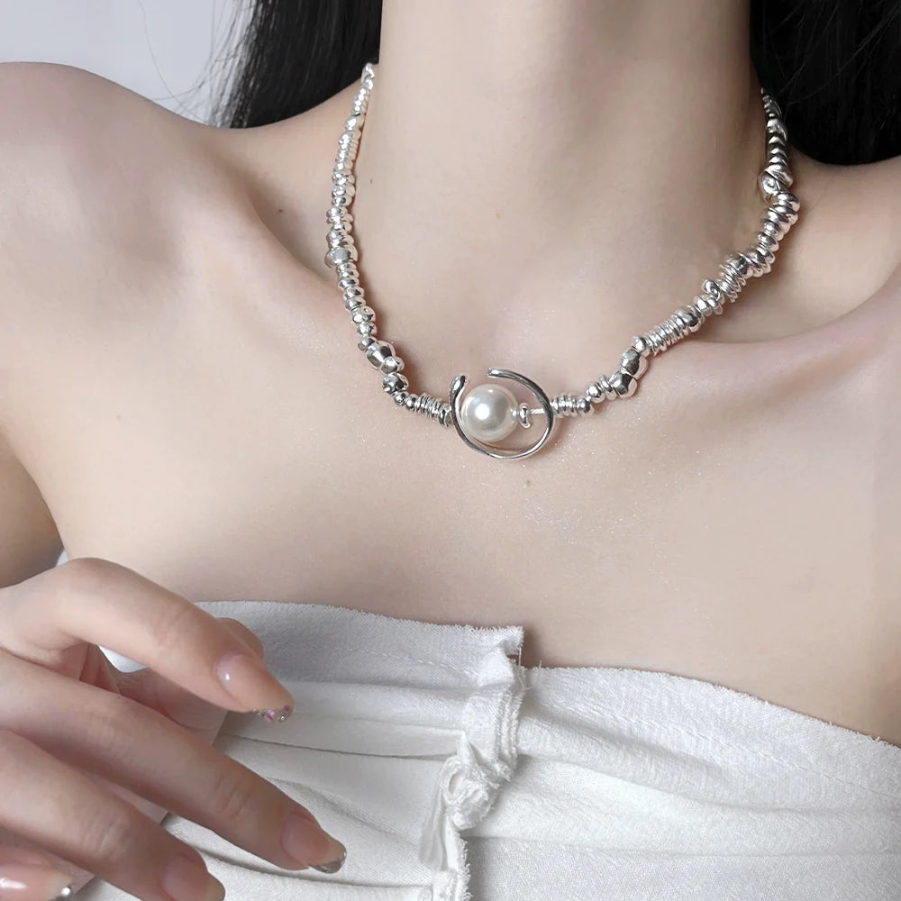 Philomena Textured Pearl Necklace - Textured Silver Necklace