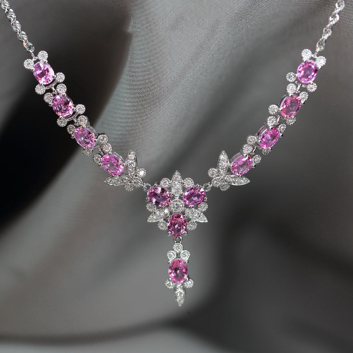 Mackenna Pink Butterfly Necklace - Pink Crystal Necklace (40+5cm) [OOD92XM5]