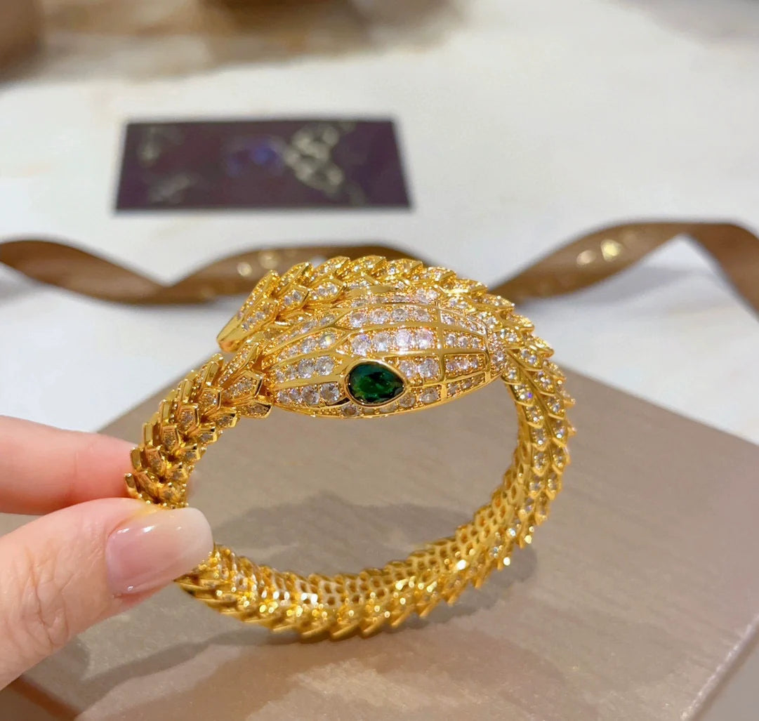 America Diamond Serpent Bracelet - Gold Malachite Full Diamond