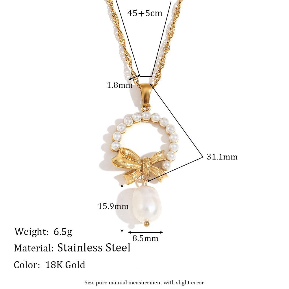 Avni Delicate Pearl Necklace - Tassel Pearl Bow Drop Necklace - Gold [B8PVCQ4C]