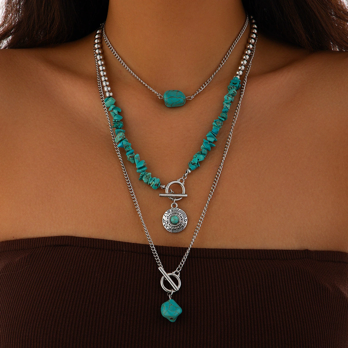 Tamara Layered Turquoise Necklace - Silver Tone Style 04 [SHWWJX8A]