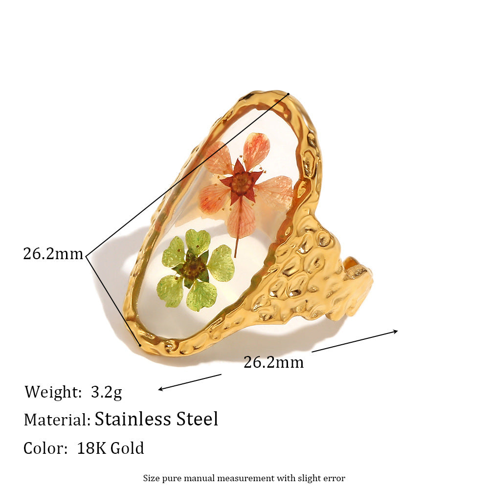 Eniola Vintage Gold Flower Ring - Hammered Transparent Oval Ring - Gold, Red & Green Flowers [LFVWYW02]