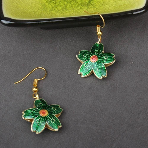 Adia Vintage Enamel Drop Earrings - Green Five-Petal Flower