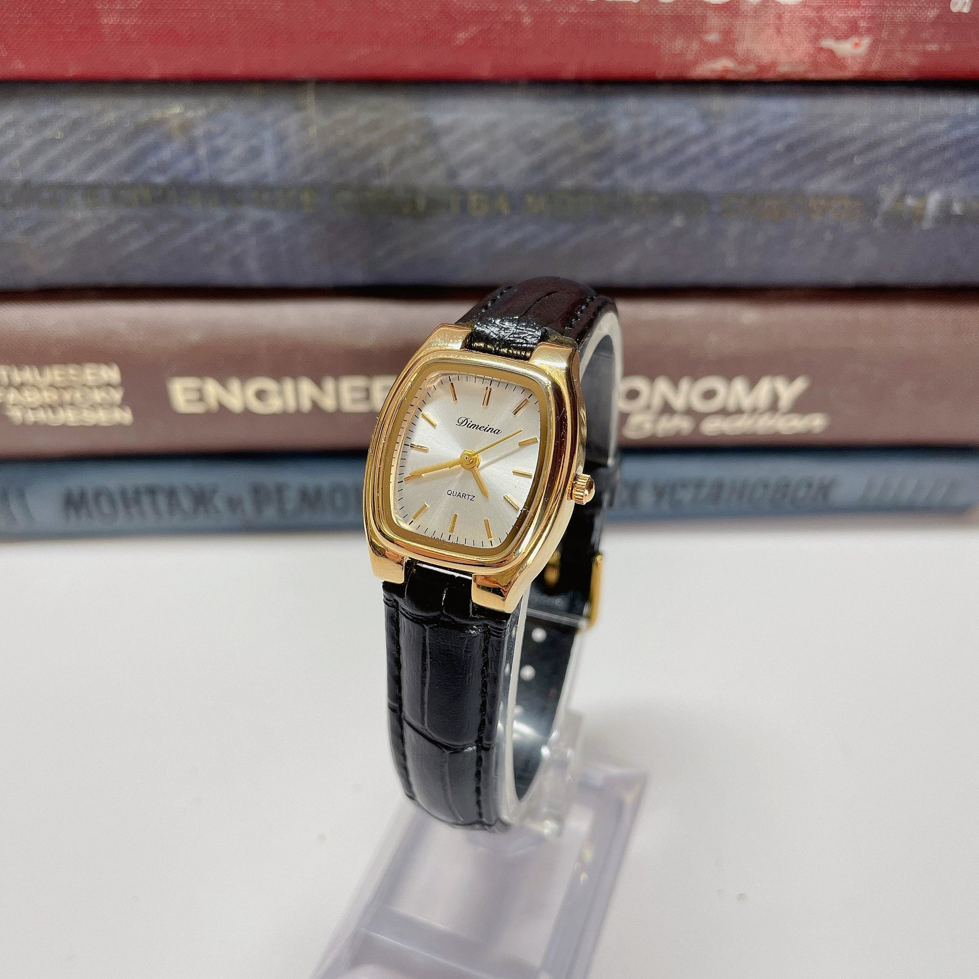 Britney Tonneau Leather Watch - Silver Dial Black Strap