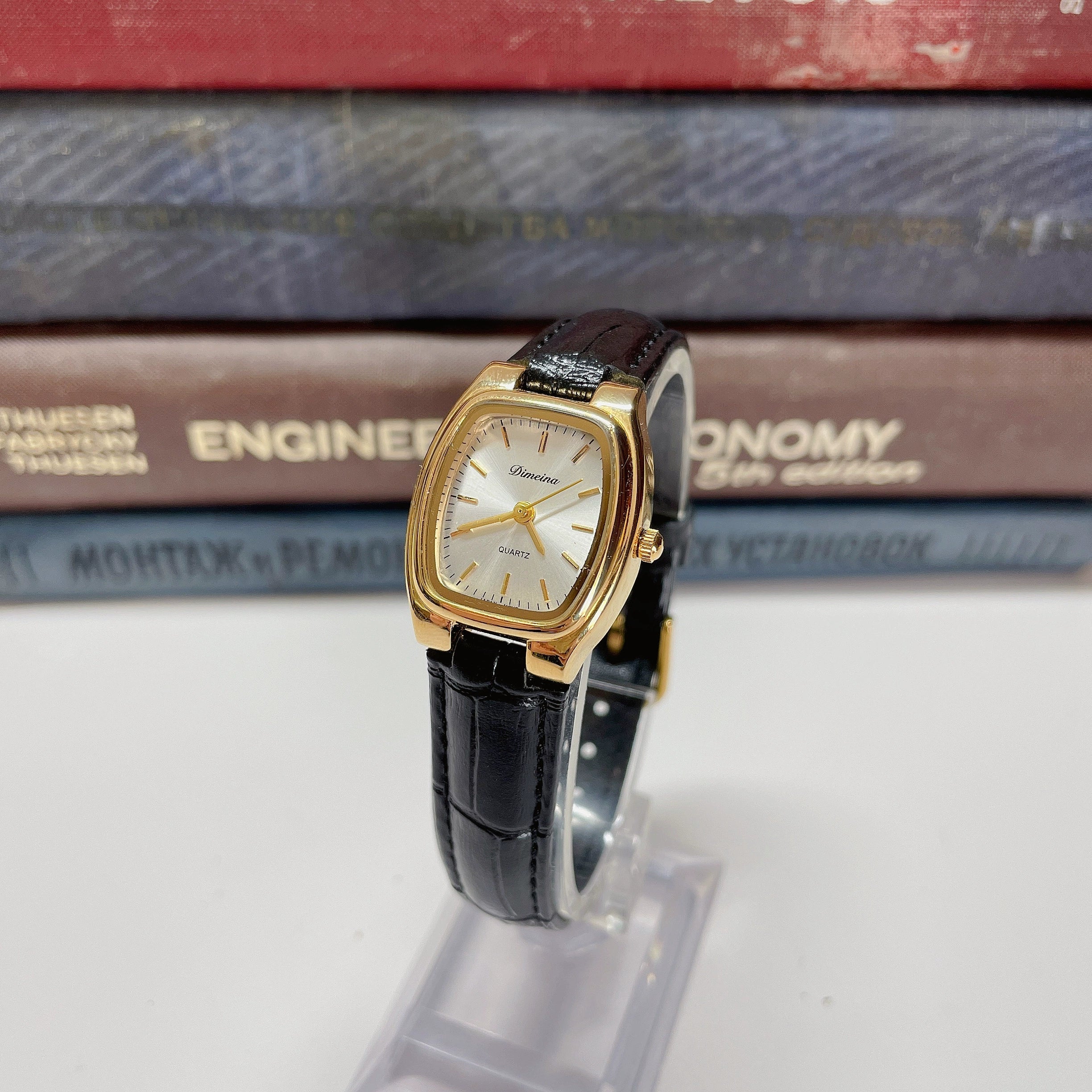 Britney Tonneau Leather Watch - Silver Dial Black Strap