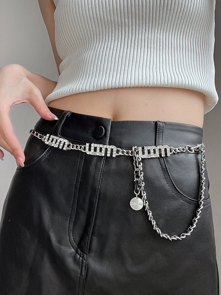 Henlee Rhinestone Letter Waist Chain - Rhinestone Letter Black Leather Waist Chain