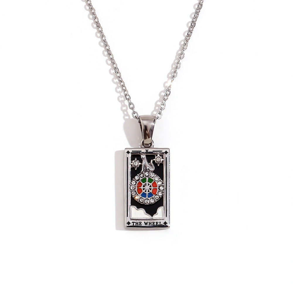 Avalyn Tarot Pendant Necklace - Steel - Wheel of Fortune [SVZWZAI6]