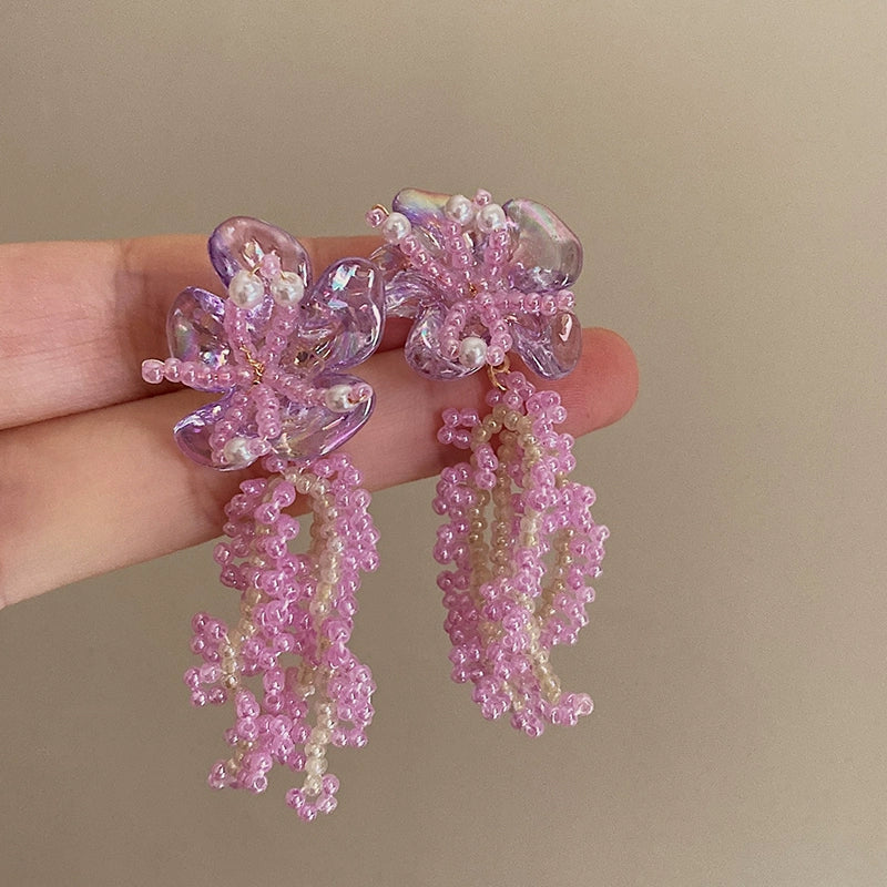 Robin Pink Floral Pearl Earrings - Pink Purple Pearl Flower [6KV06I0F]