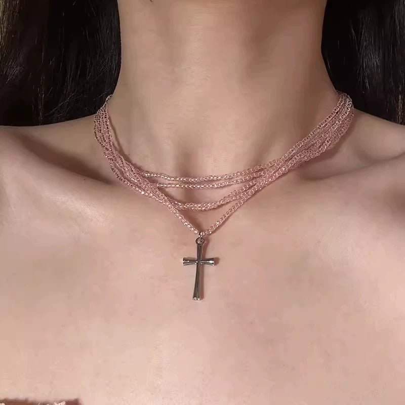 Zoha Multi-Layered Cross Choker - Pink Multi-Layered Crystal Necklace [IJHRB314]
