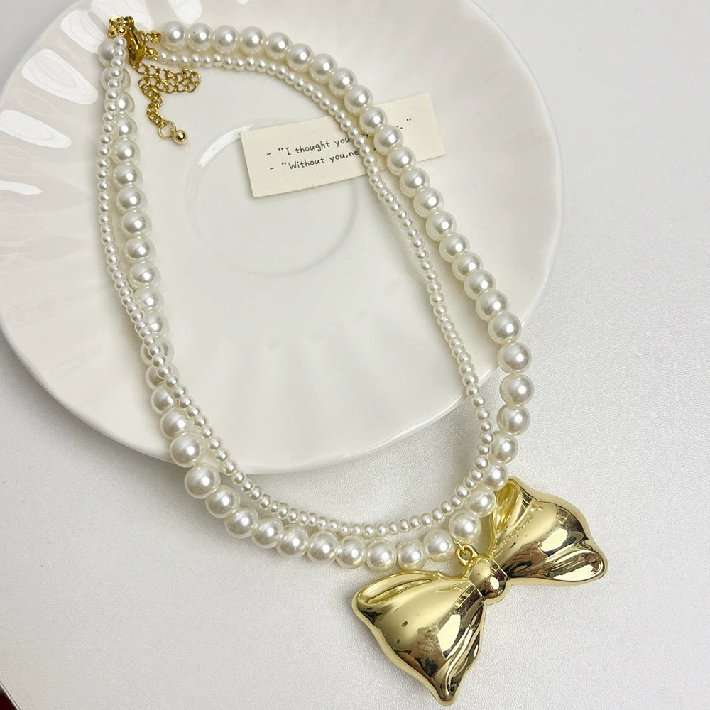 Nylah Pearl Bow Layered Necklace - Gold Necklace [PWW3YNAK]