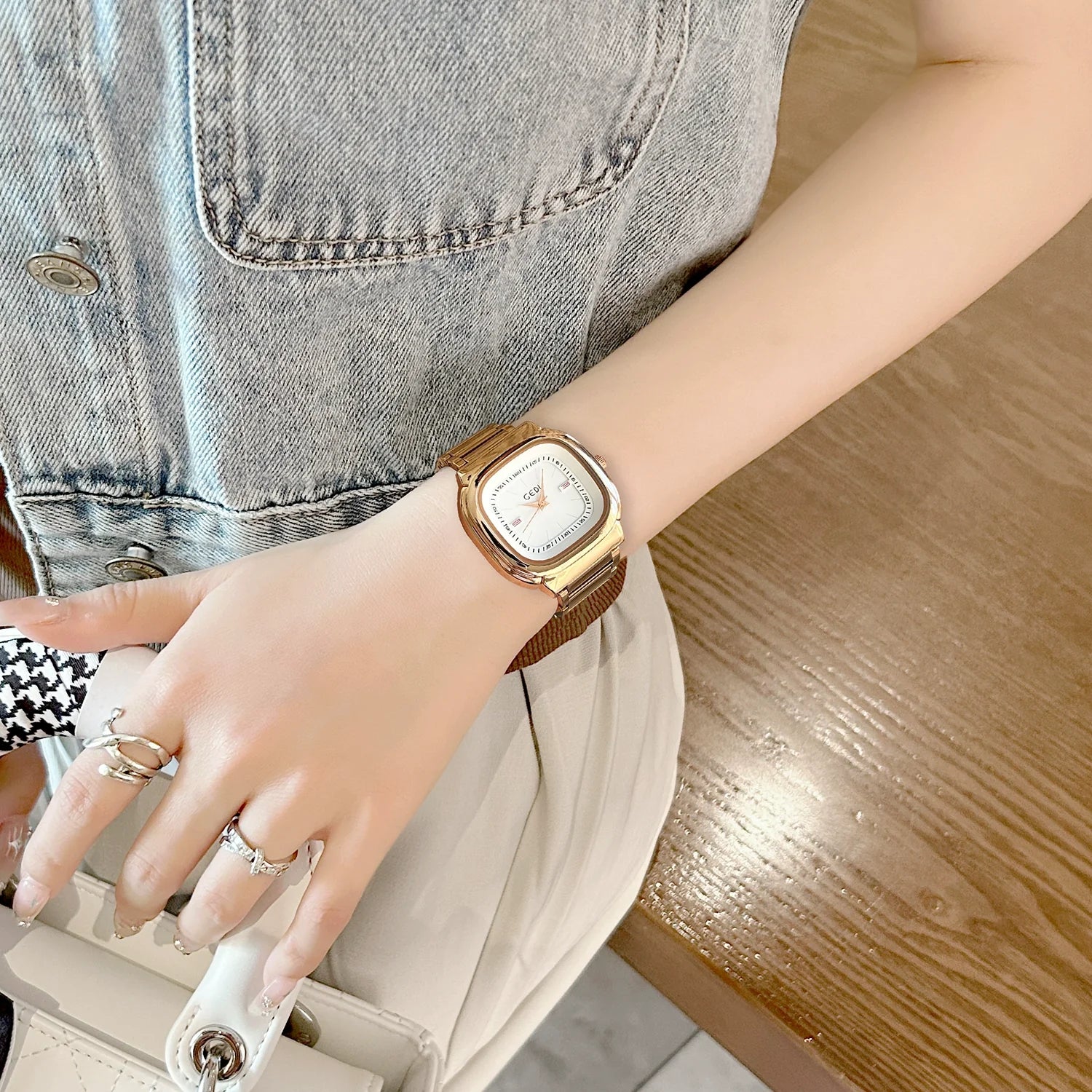 Joy Elegant Square Watch - Rose Gold Strap White